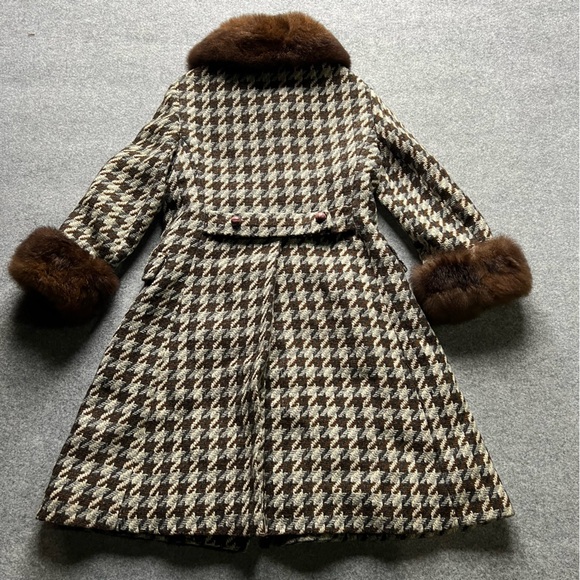 Vintage Wool Houndstooth Coat w/ Real Fur Collar & Cuffs | Fox | Mid-Century - Picture 12 of 13